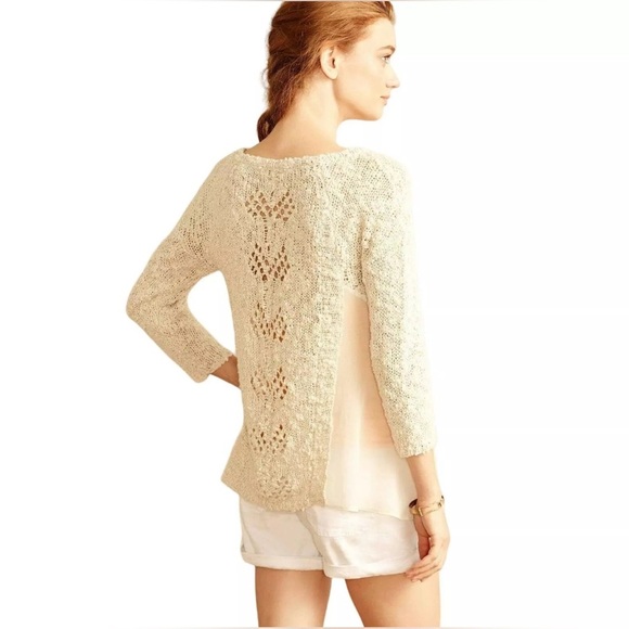 KNITTED & KNOTTED Anthropologie LG Ivory Boucle Delicate Open Knit Sweater Scoop - Picture 2 of 14